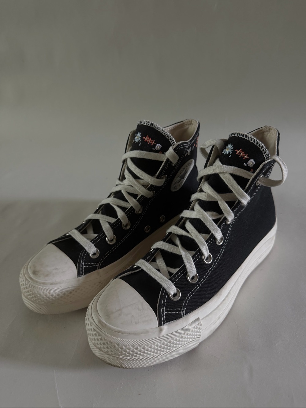 Women’s Black Canvas High-Top Sneakers with Purple Sole, and flower embroidered